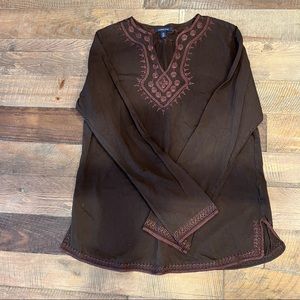 Lands' End Top T Shirt V Neck Long Sleeve Brown Purple Print sz M 10-12.